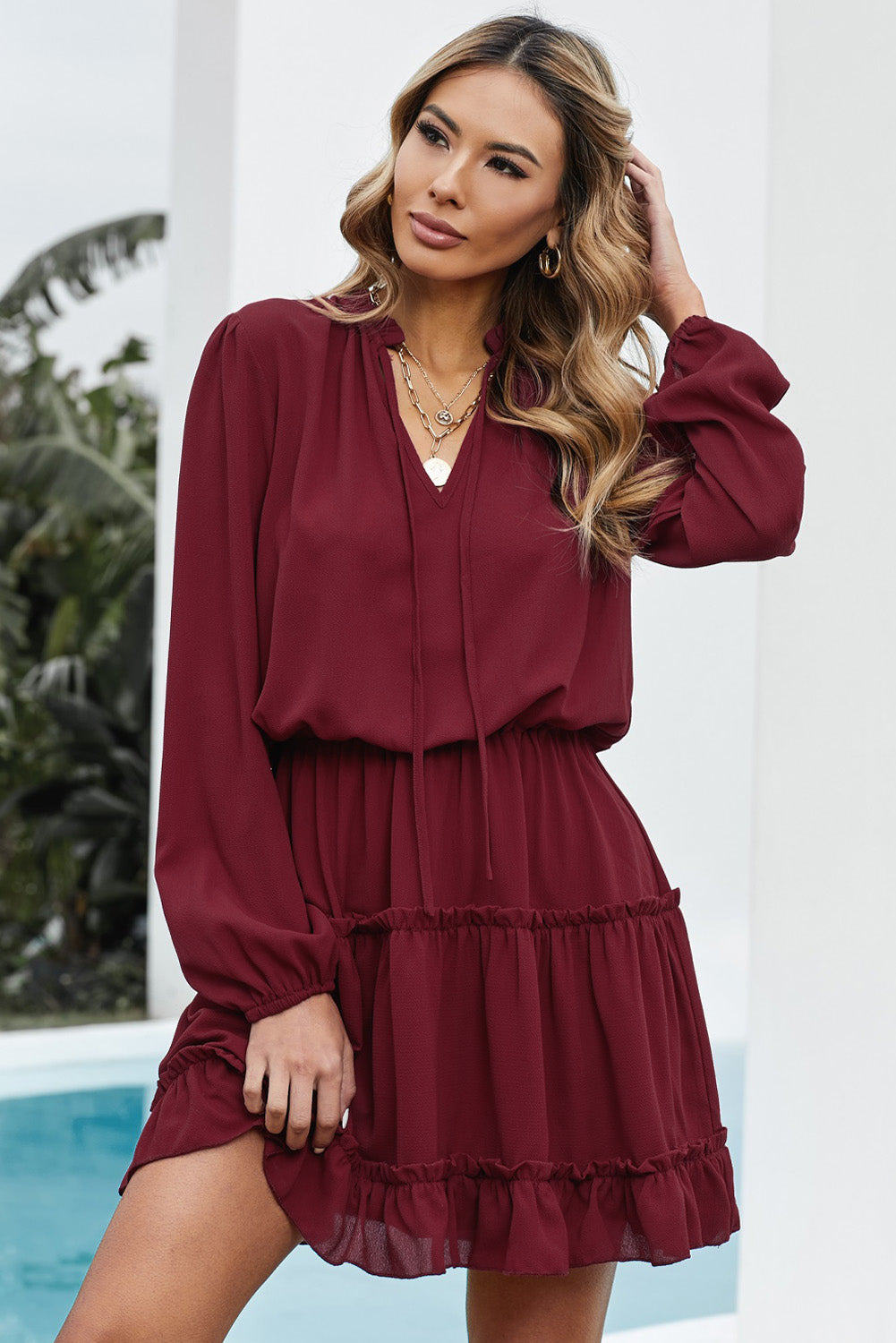 Wine V Neck Long Sleeve Ruffle Tiered Mini Dress