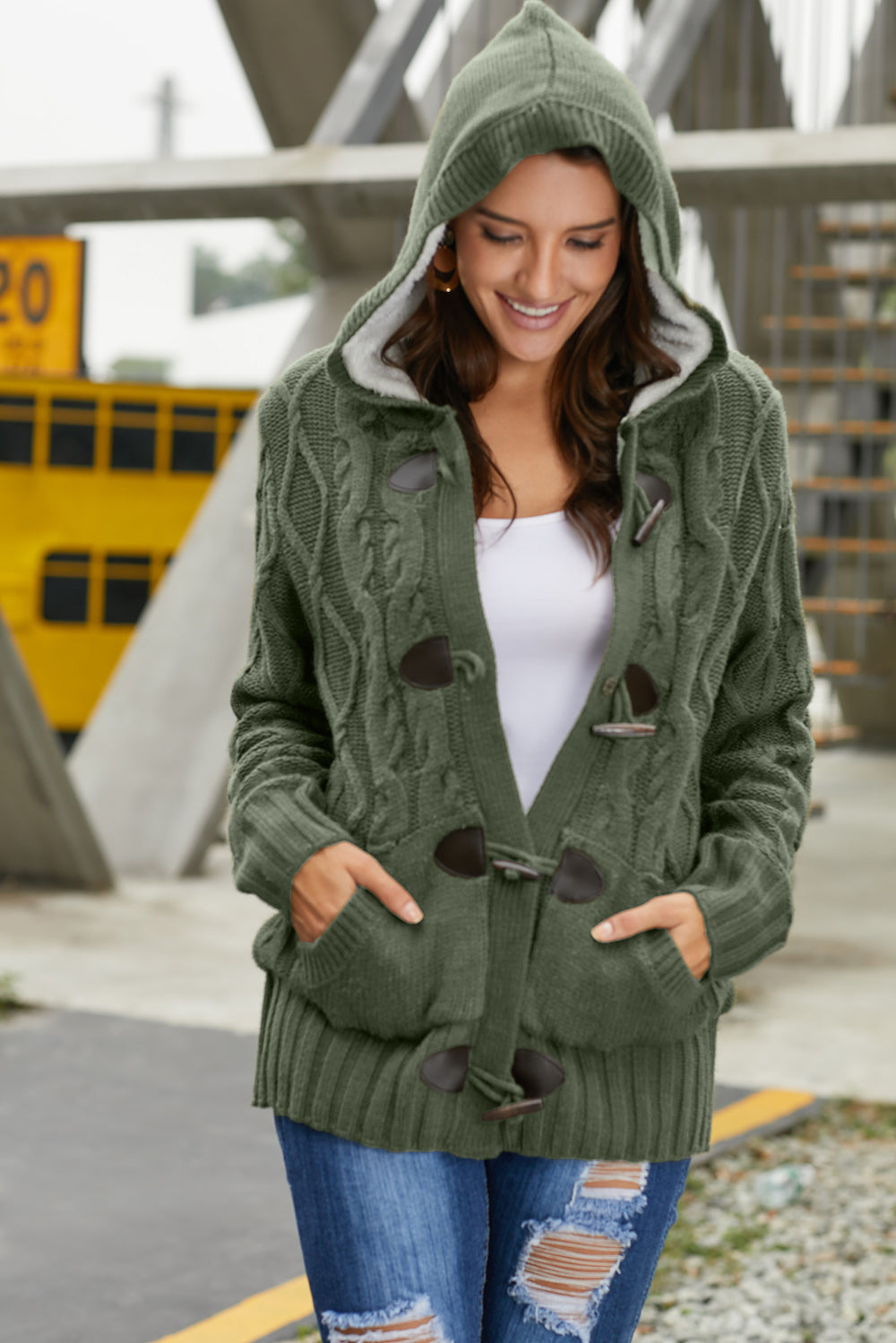 Winter Army Green Fur Hood Horn Button Sweater Cardigan