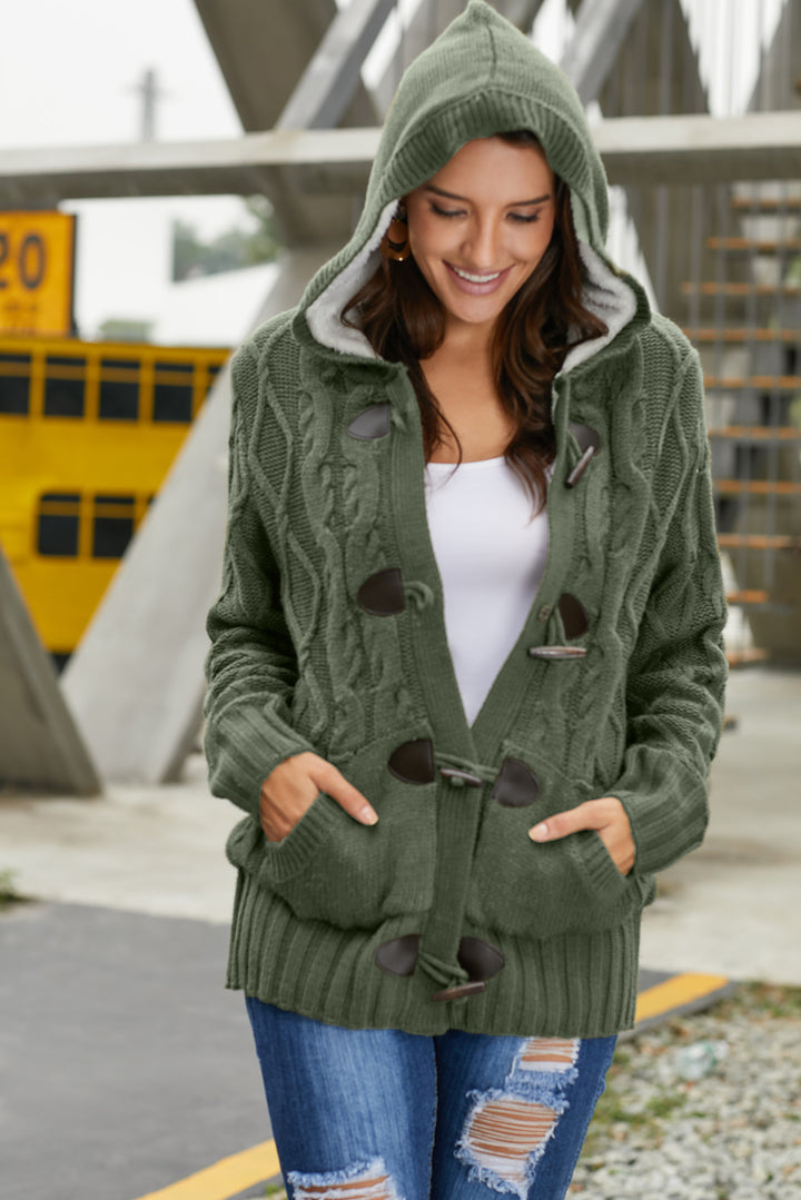 Winter Army Green Fur Hood Horn Button Sweater Cardigan