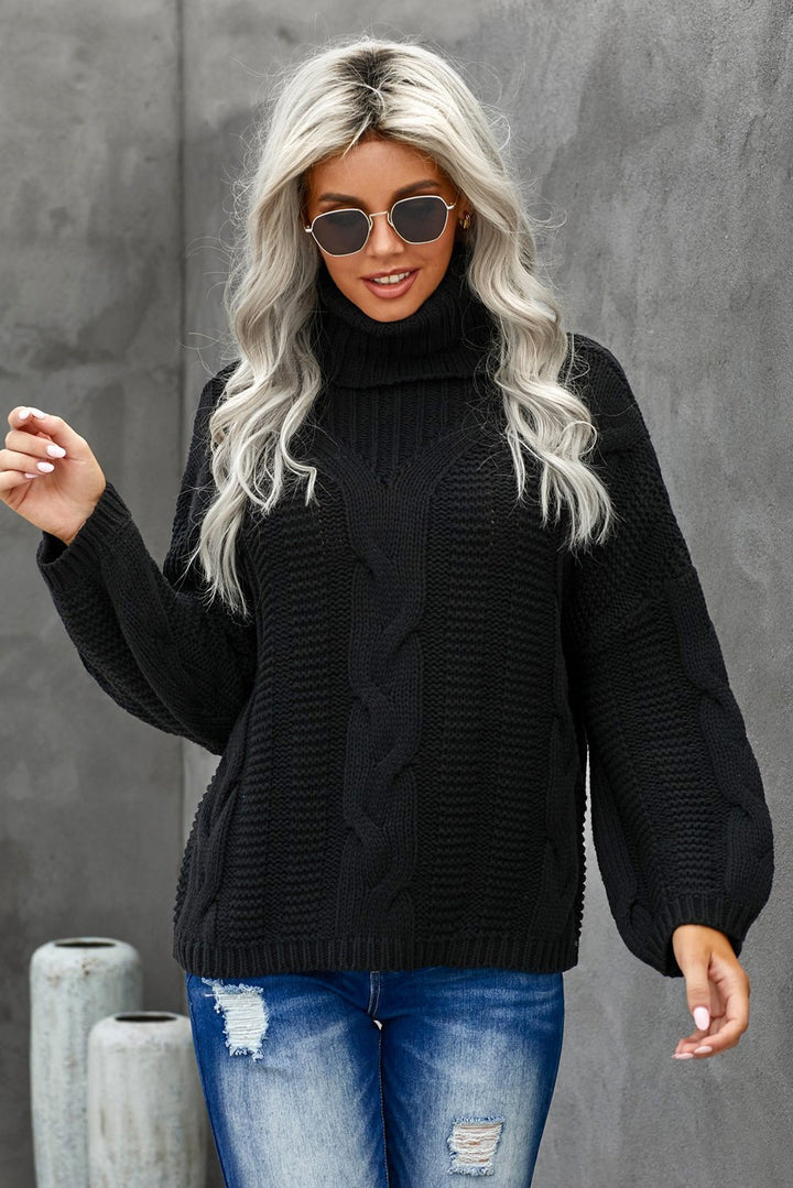 Winter Black Oversize Turtleneck Textured Womens Sweater