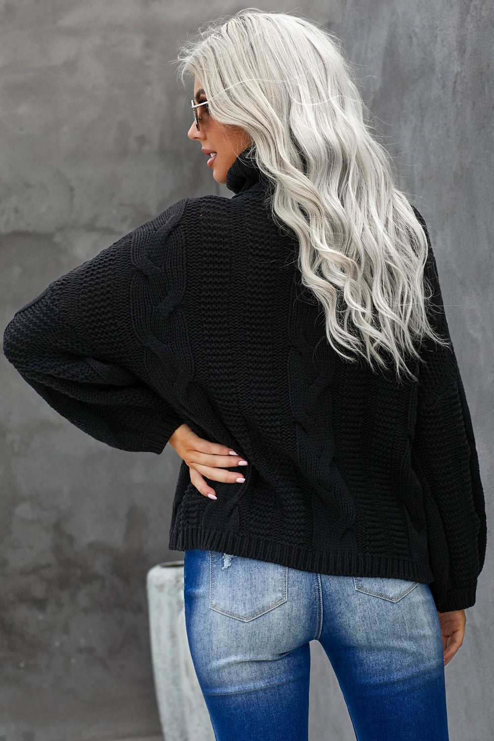 Winter Black Oversize Turtleneck Textured Womens Sweater