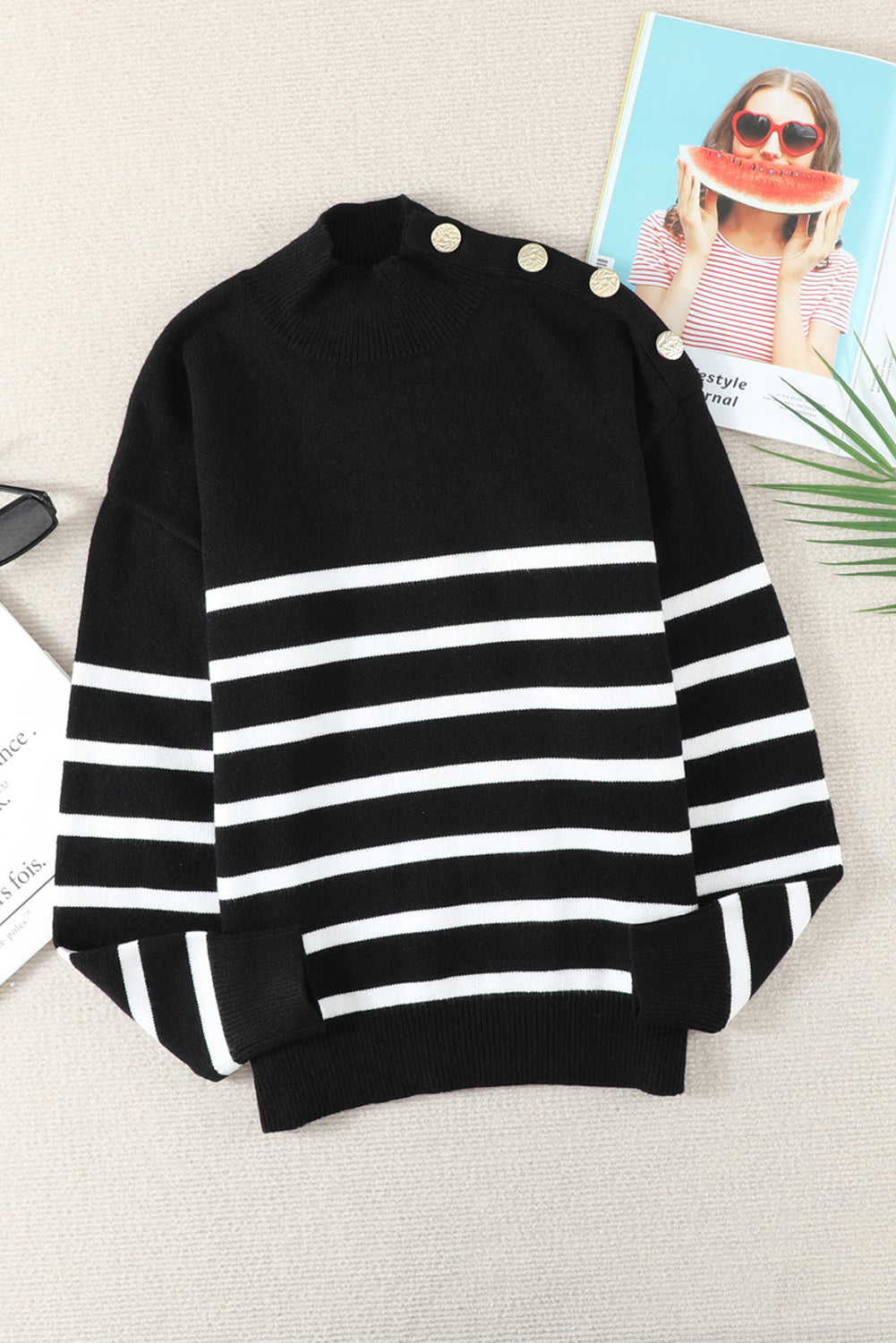 Winter Black Striped Turtleneck Long Sleeve Sweater