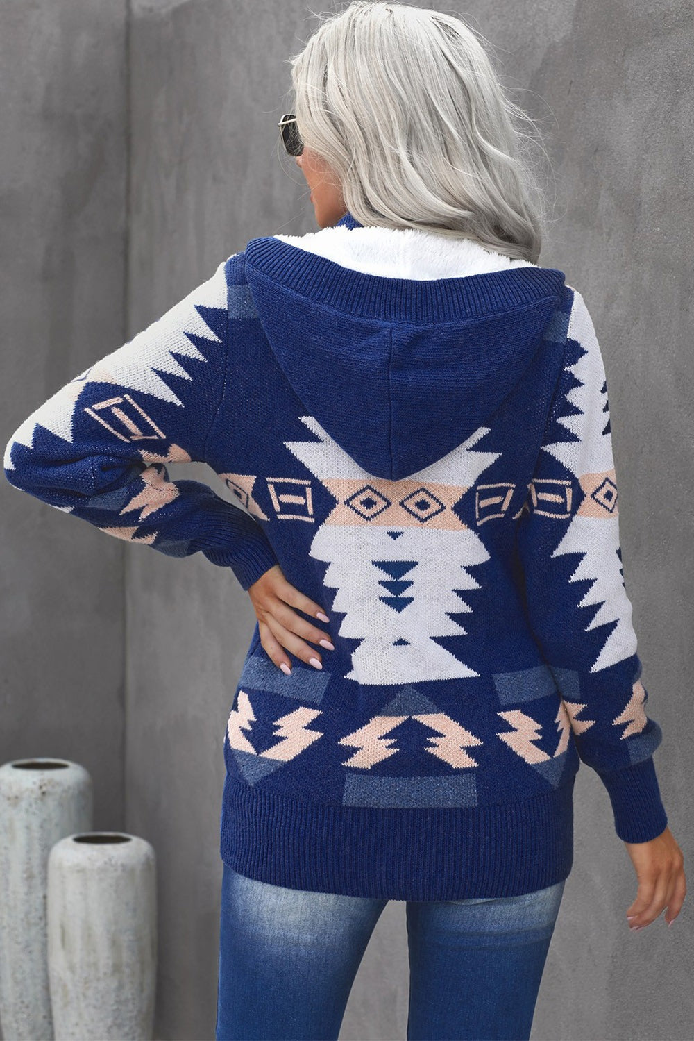 Winter Blue Retro Jacquard Pattern Buttoned Front Hooded Sweater