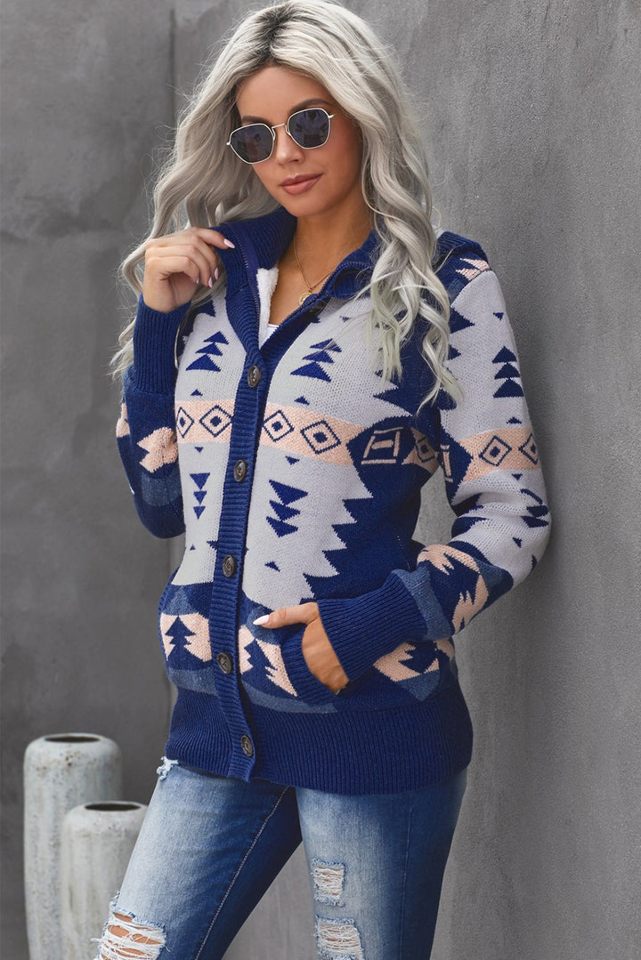 Winter Blue Retro Jacquard Pattern Buttoned Front Hooded Sweater