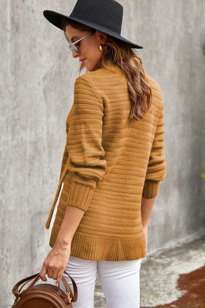 Winter Brown Solid Color Stand Collar Textured Sweater