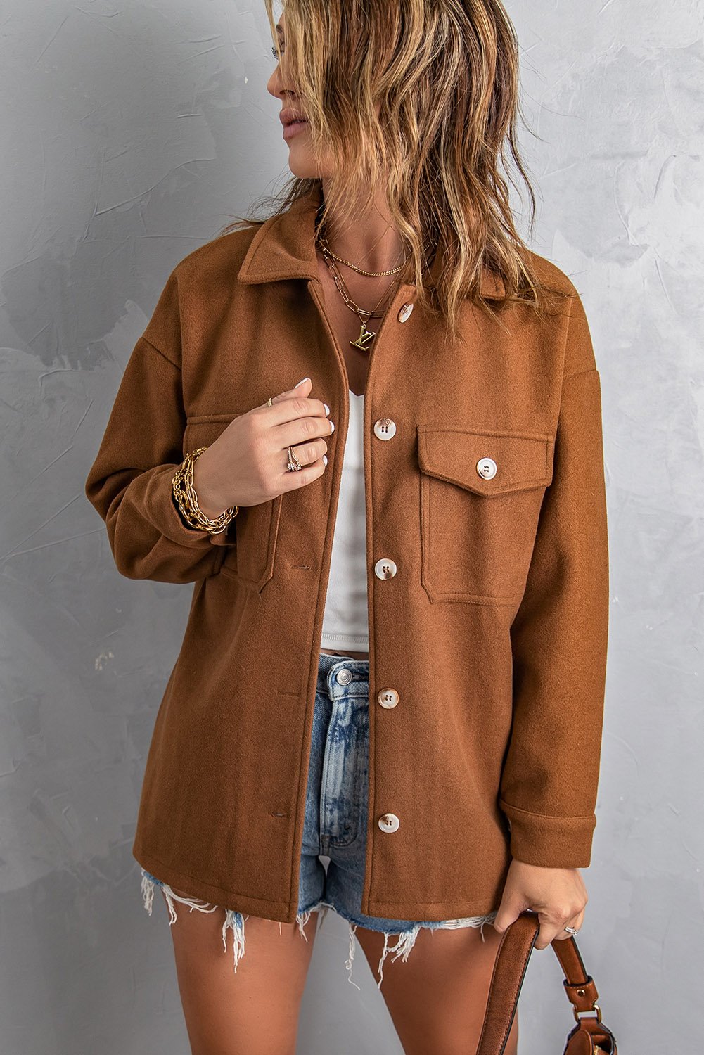 Winter Brown Turn Down Collar Buttoned Baggy Coat with Pocket