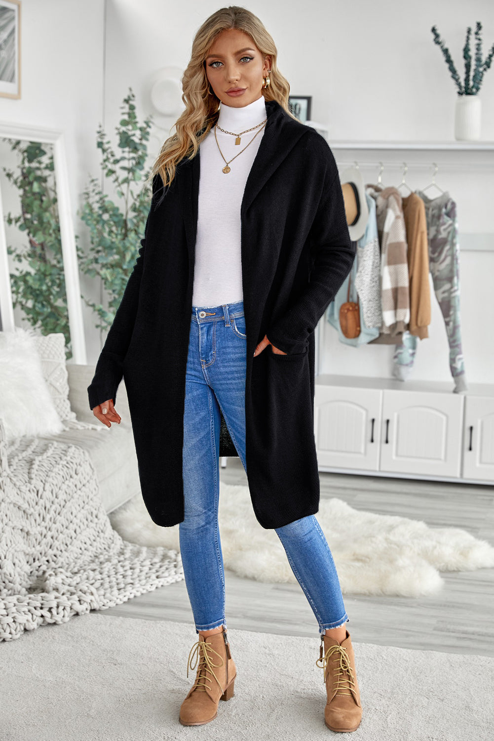 Winter Casual Black Open Front Hooded Sweater Cardigan
