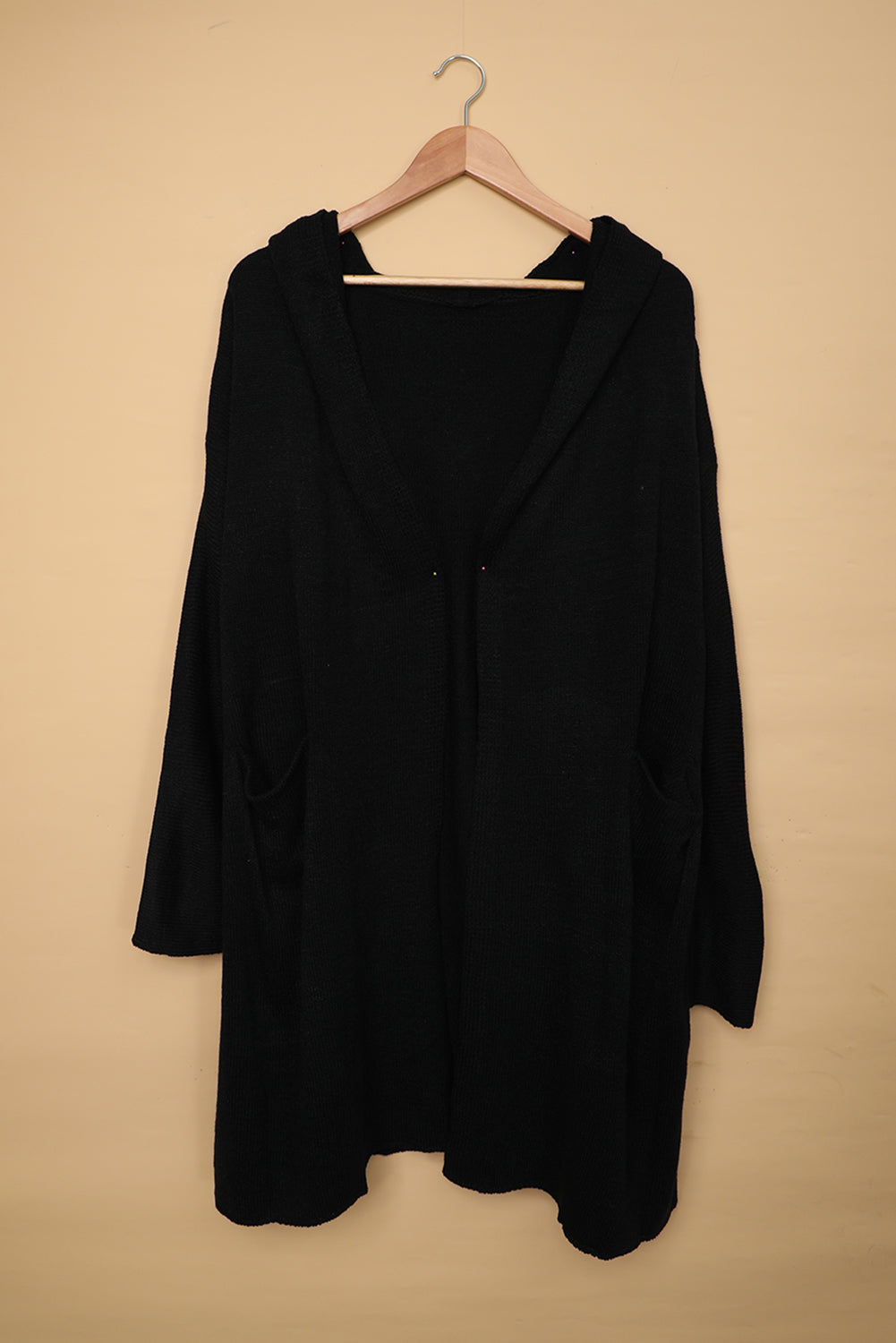Winter Casual Black Open Front Hooded Sweater Cardigan