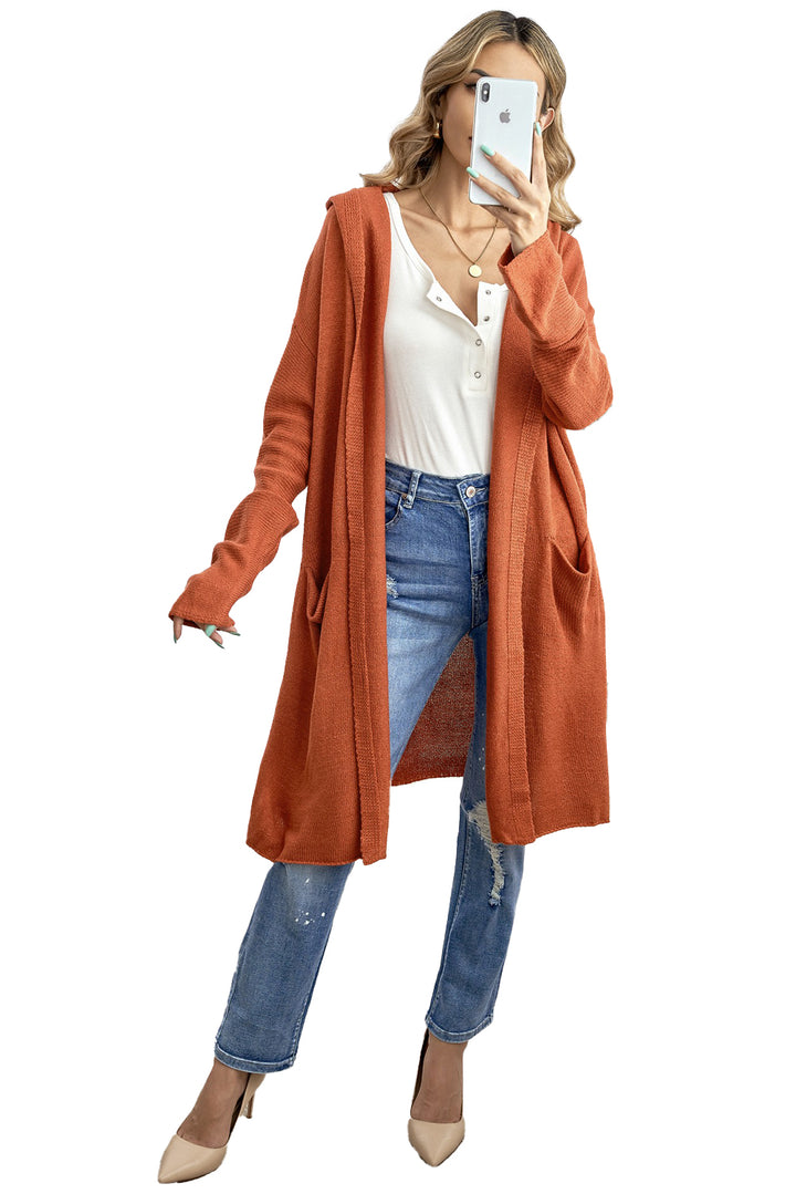 Winter Casual Brown Open Front Hooded Sweater Cardigan
