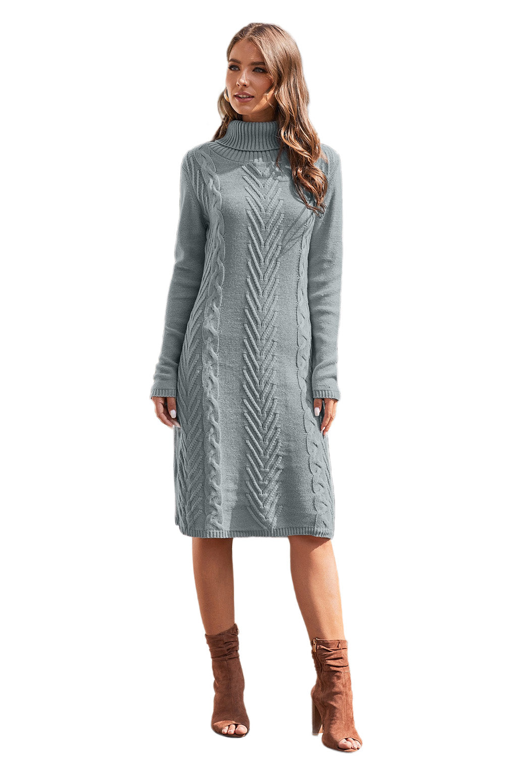 Winter Gray Hand Knitted High Neck Sweater Dress