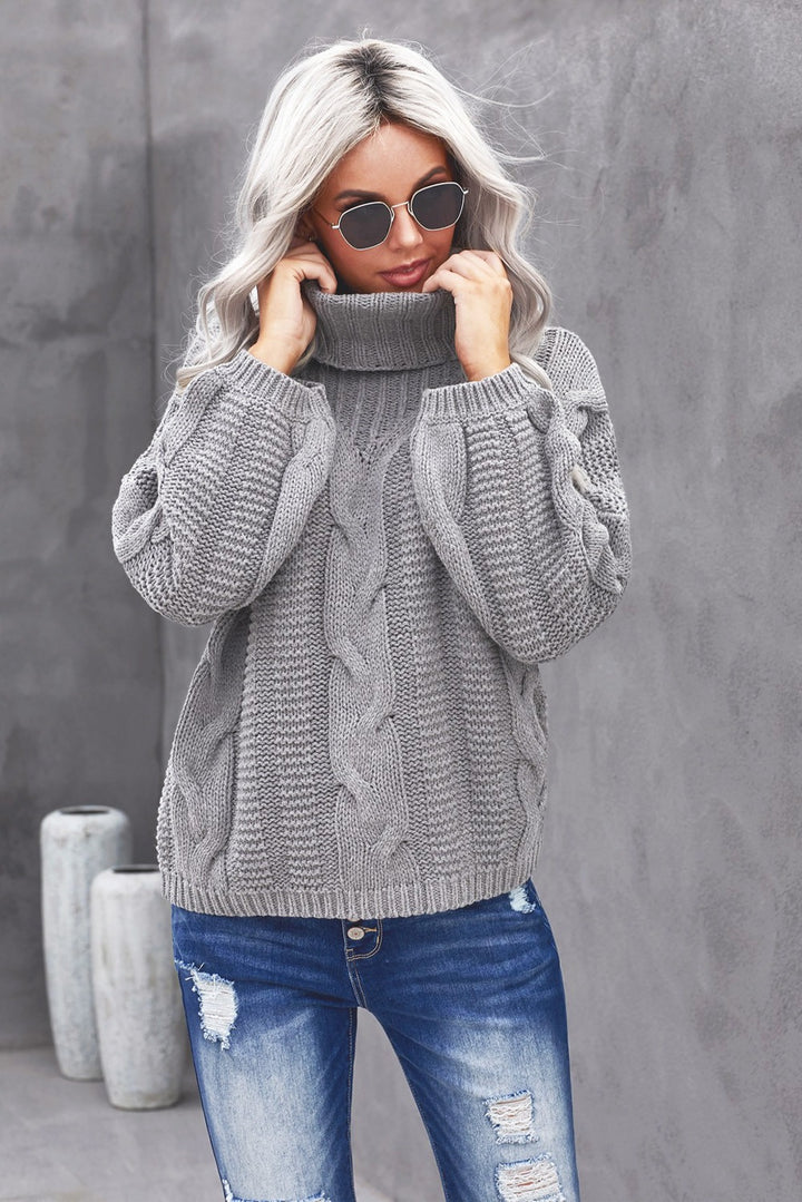 Winter Gray Oversize Turtleneck Textured Sweater