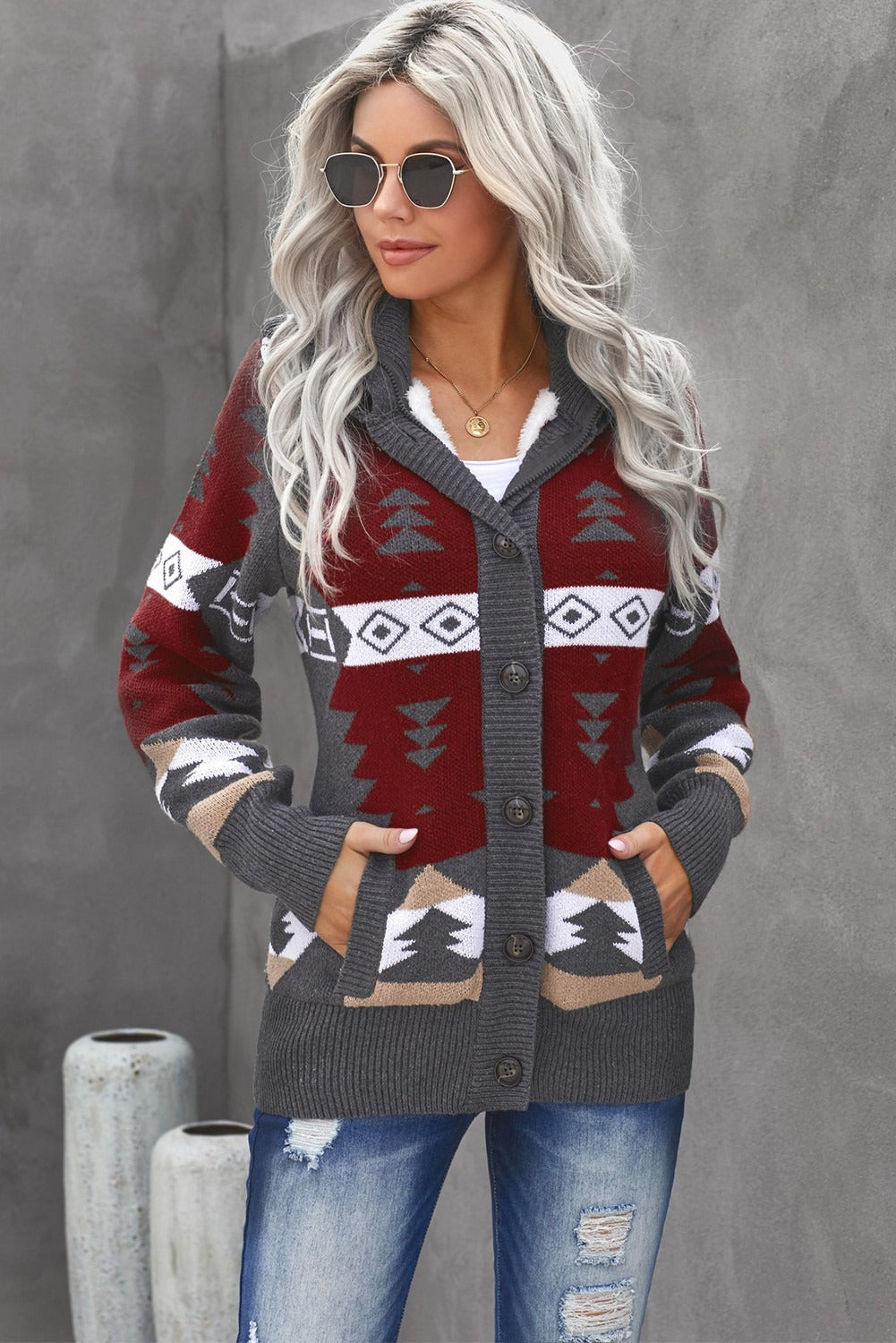 Winter Gray Retro Jacquard Pattern Buttoned Front Hooded Sweater