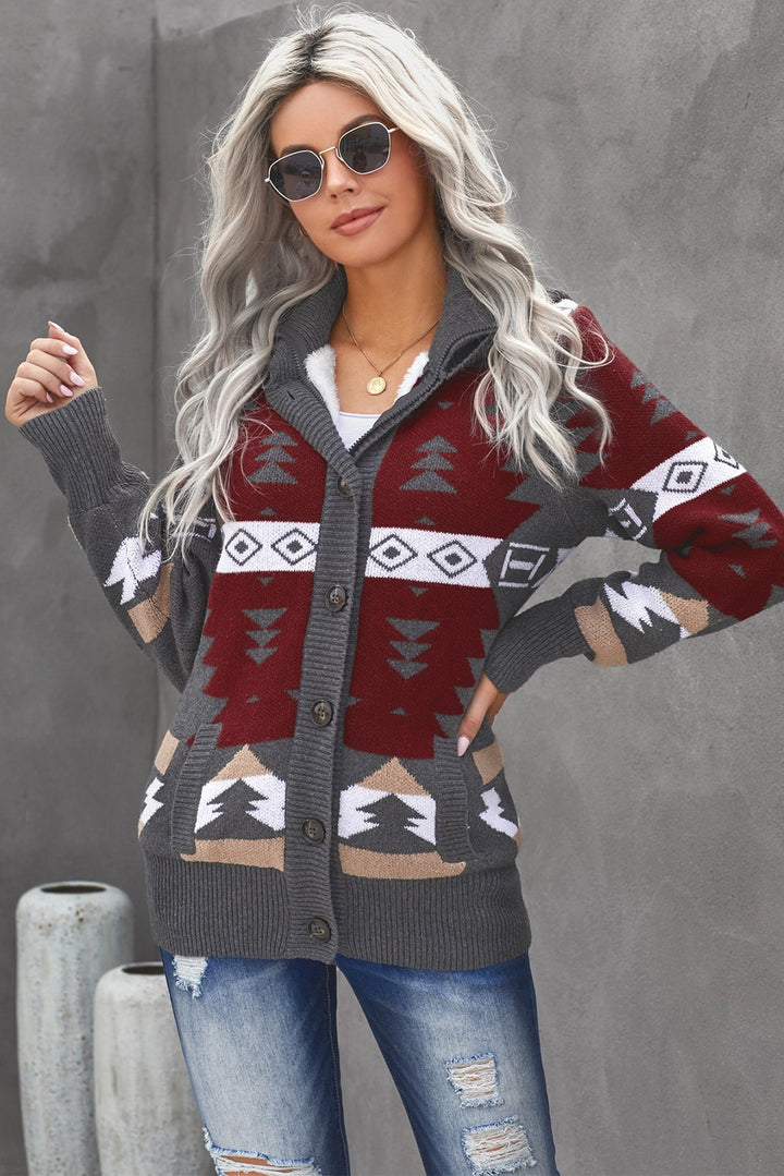 Winter Gray Retro Jacquard Pattern Buttoned Front Hooded Sweater