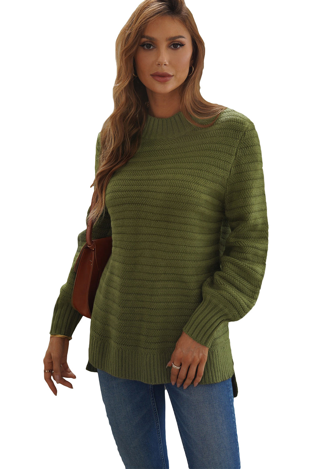 Winter Green Solid Color Stand Collar Textured Sweater