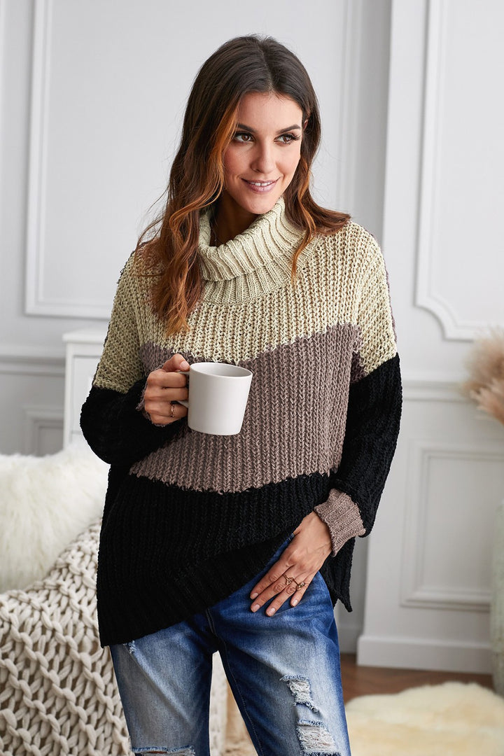 Winter Khaki Cowl Neck Colorblock Cable Knit Sweater