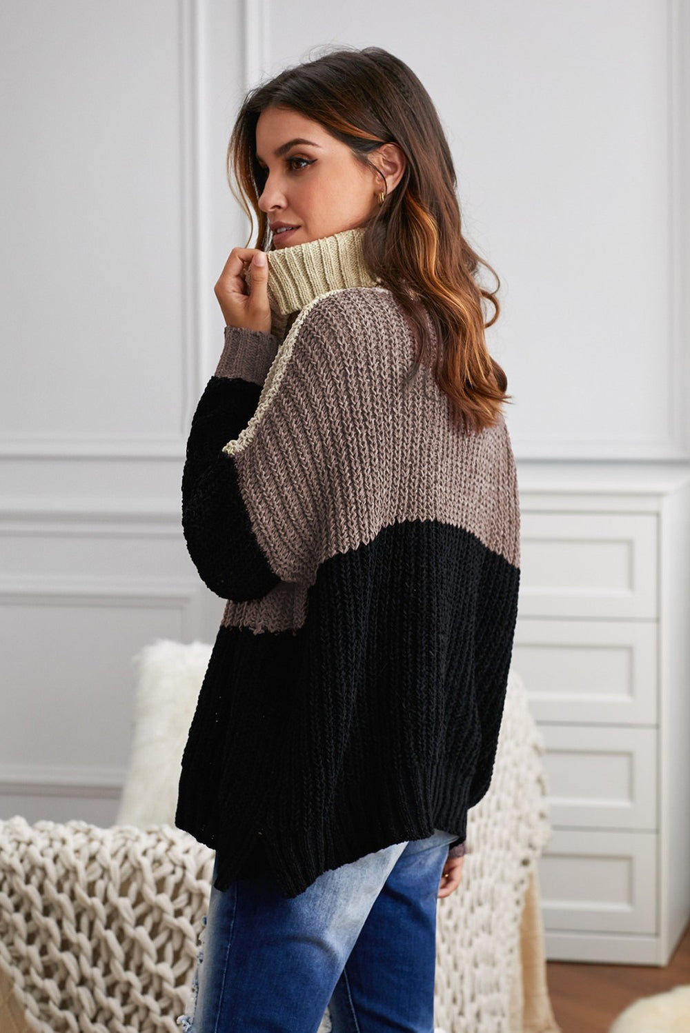 Winter Khaki Cowl Neck Colorblock Cable Knit Sweater