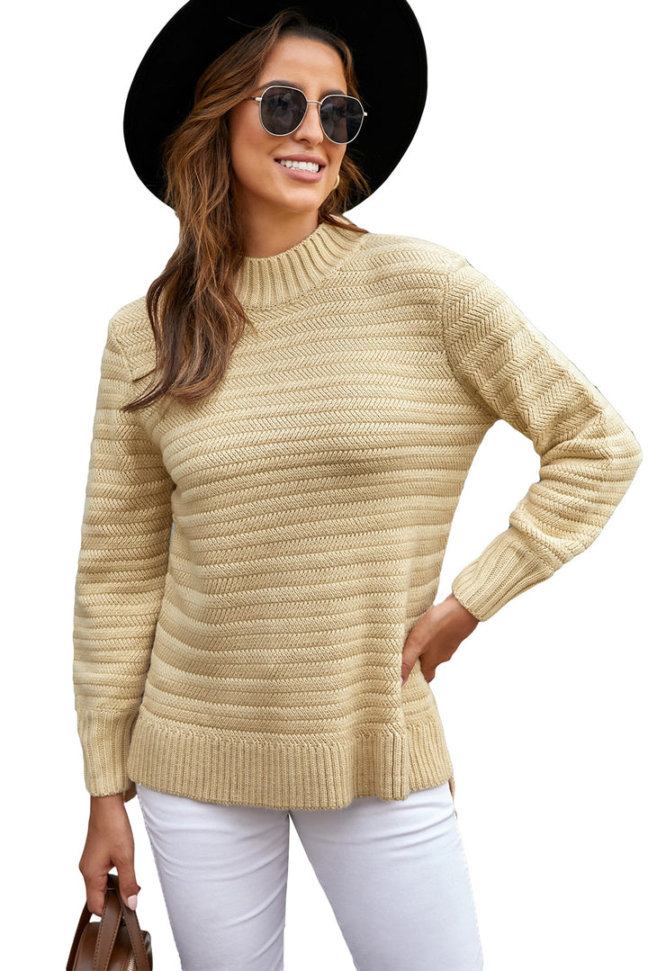 Winter Khaki Solid Color Stand Collar Textured Sweater