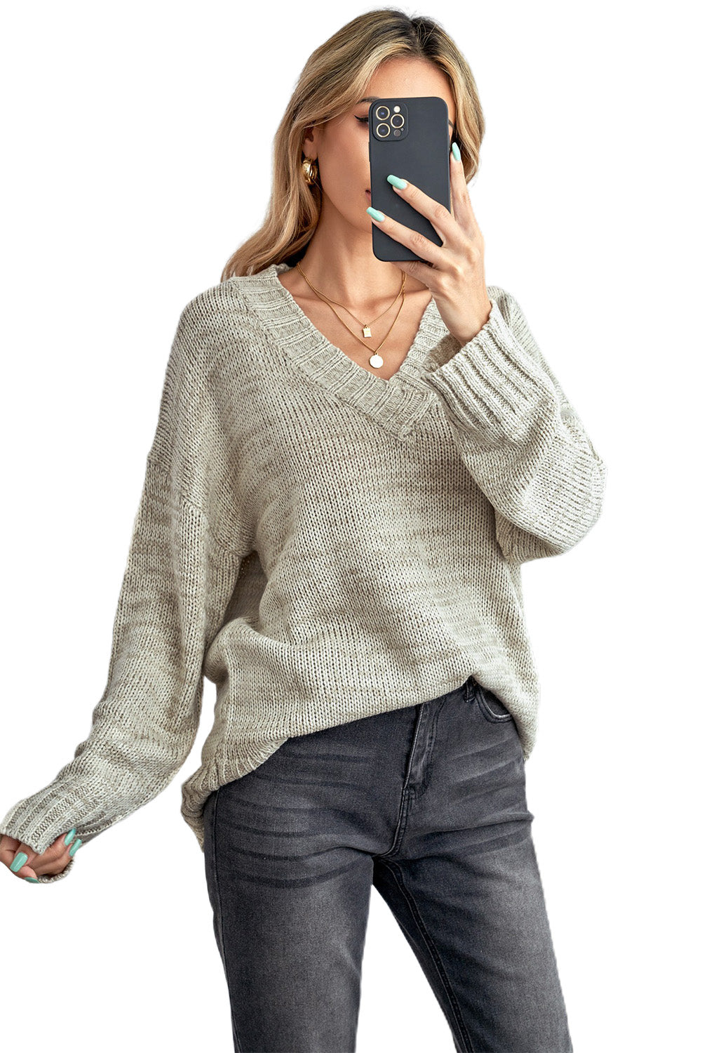 Winter Khaki V neck Drop Shoulder Knitted Sweater