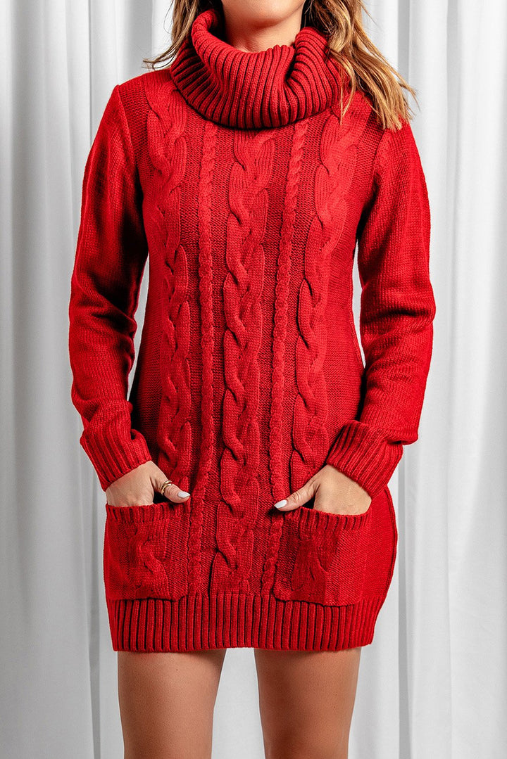 Winter Red Cowl Neck Cable Knit Sweater Dress