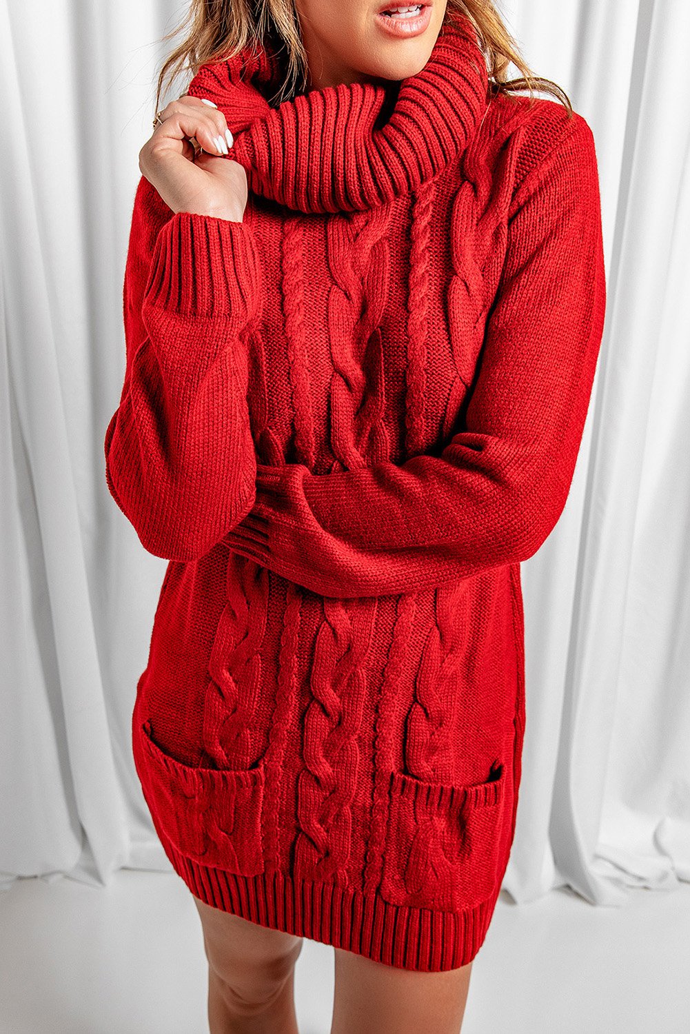 Winter Red Cowl Neck Cable Knit Sweater Dress