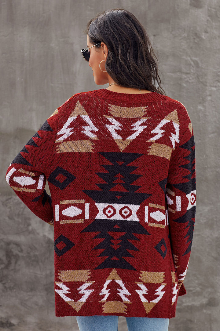 Winter Red Moraga Pocketed Aztec Cardigan