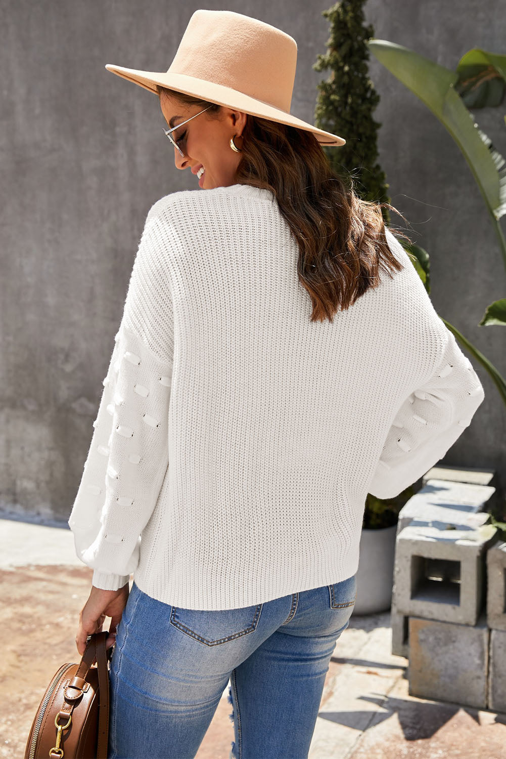 Winter White Bubble Sleeve Cropped Knit Sweater