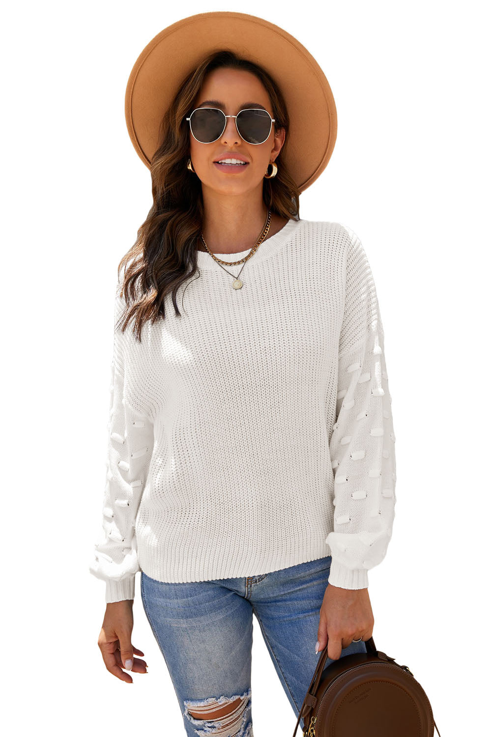 Winter White Bubble Sleeve Cropped Knit Sweater