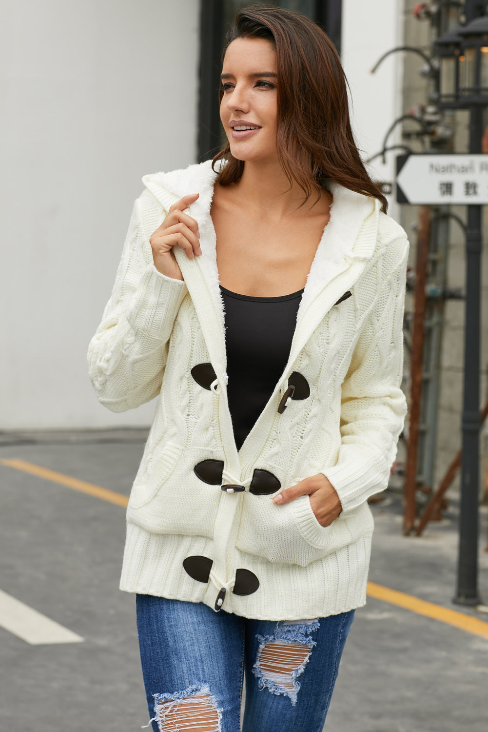 Winter White Fur Hood Horn Button Sweater Cardigan