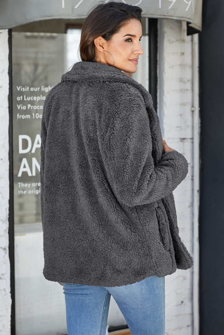 Winter Charcoal Fleece Open Front Coat With Pockets