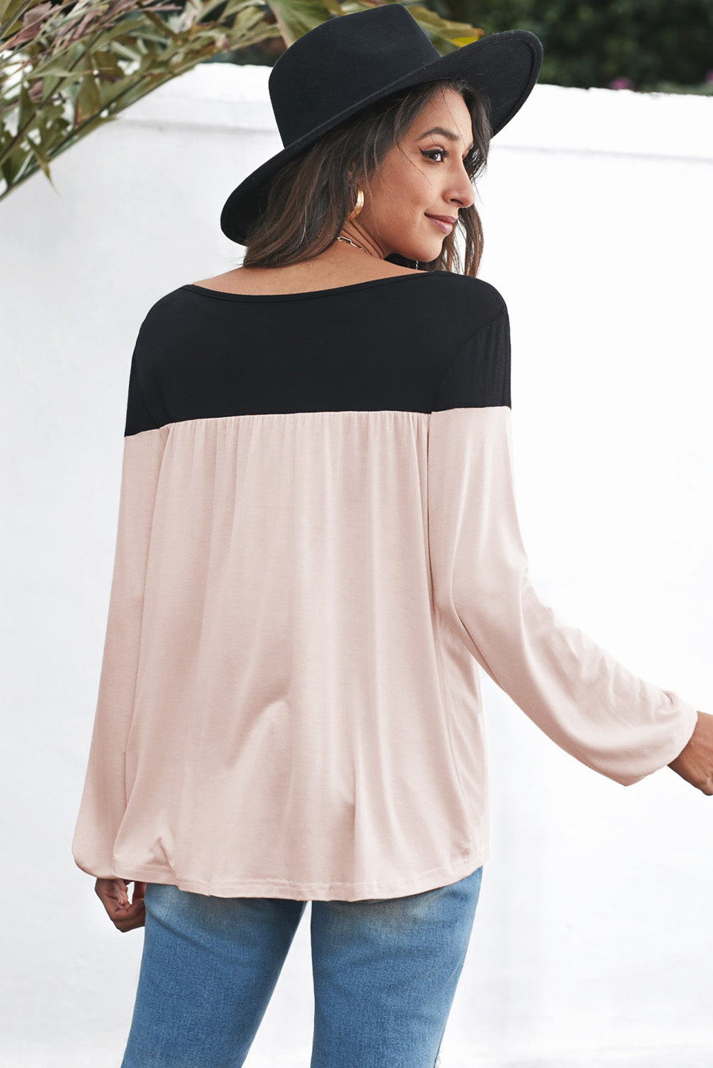 Women Apricot Round Neck Long Sleeve Color Block Tunic Top
