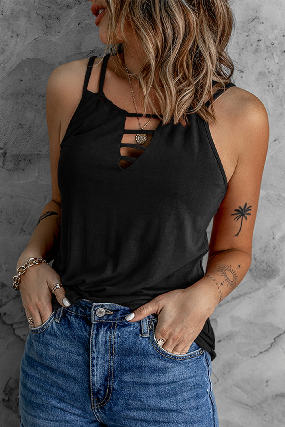 Women Black Ladder Hollow-out Tank Top