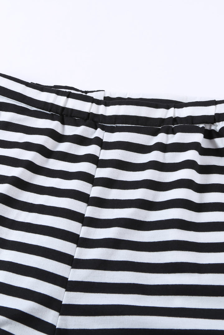 Women Black Short Sleeve Tee Striped Shorts Lounge Set