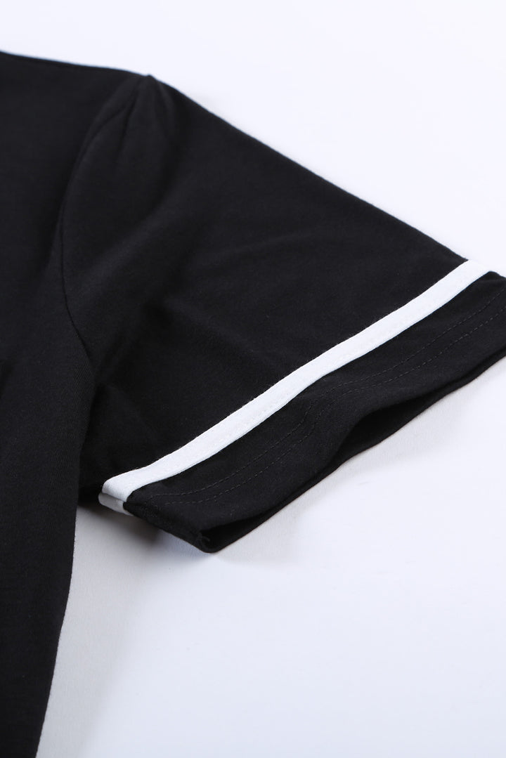 Women Black Short Sleeve Tee Striped Shorts Lounge Set