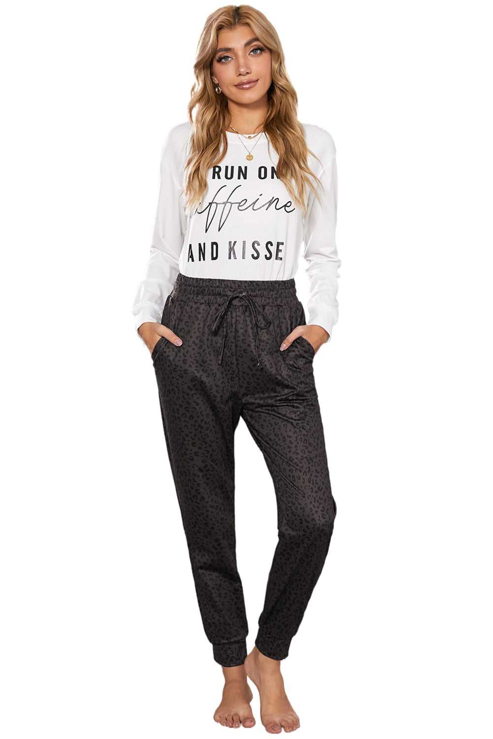 Women Casual Black Breezy Leopard Joggers