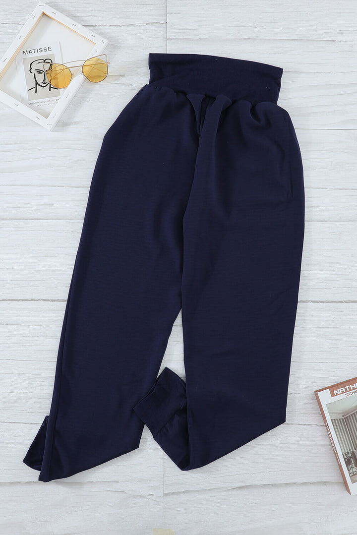Women Casual Blue Pocketed Stretchy High Waistband Cotton Joggers