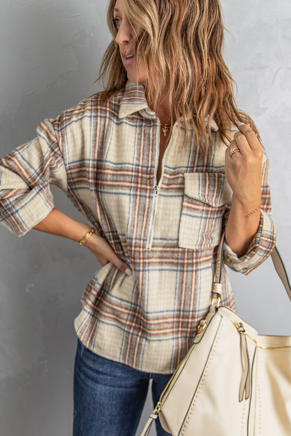 Women Chest Pocket Half Zip Plaid Sweatshirt