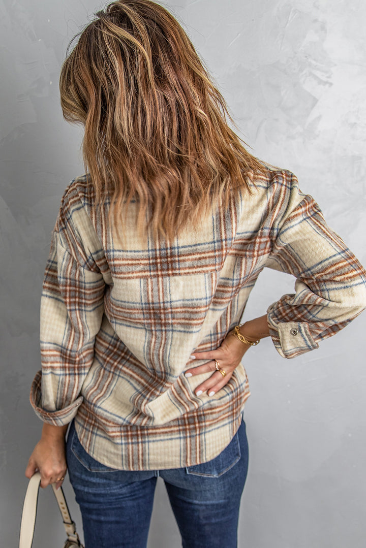 Women Chest Pocket Half Zip Plaid Sweatshirt