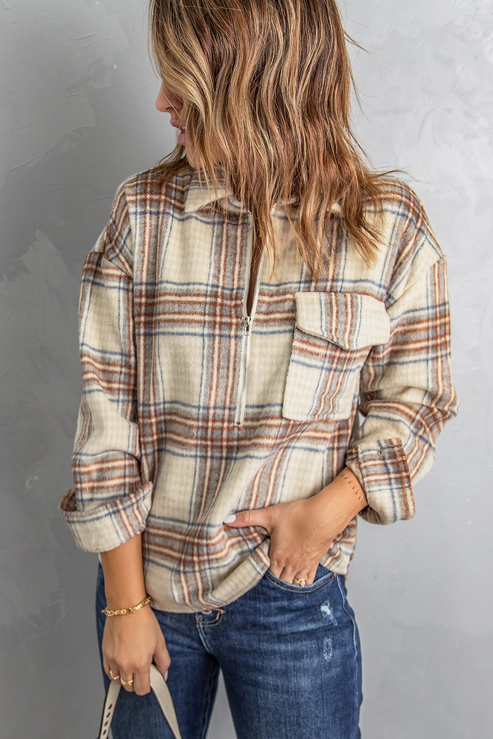 Women Chest Pocket Half Zip Plaid Sweatshirt