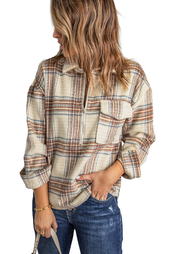 Women Chest Pocket Half Zip Plaid Sweatshirt