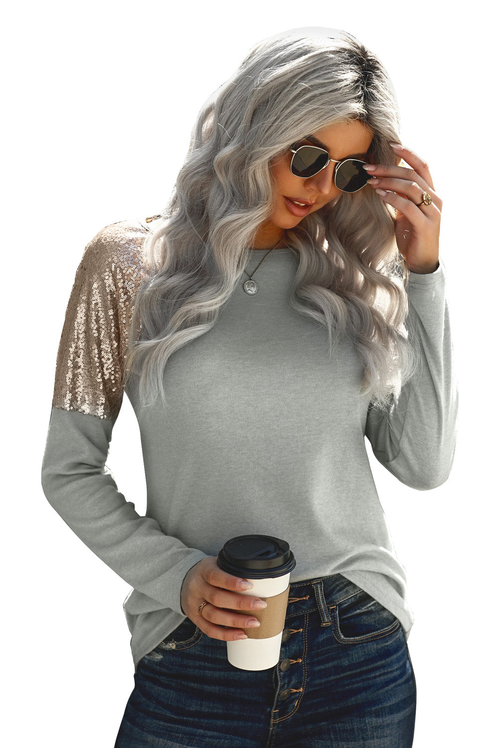 Women Gray Sequin Shoulder Long Sleeve Top