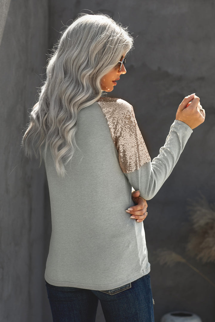 Women Gray Sequin Shoulder Long Sleeve Top