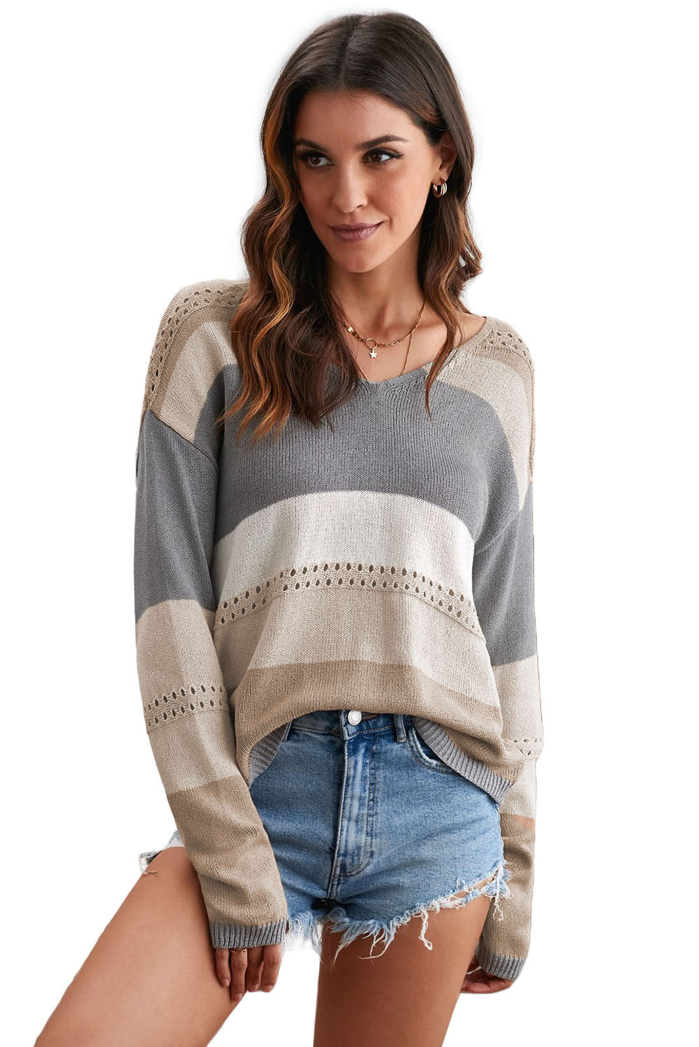 Women Gray V Neck Colorblock Hollow-out Knitted Sweater
