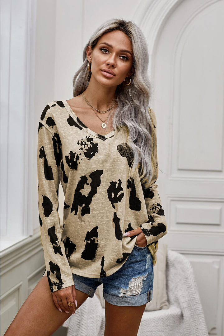 Women Khaki Leopard Print Long Sleeves Blouse