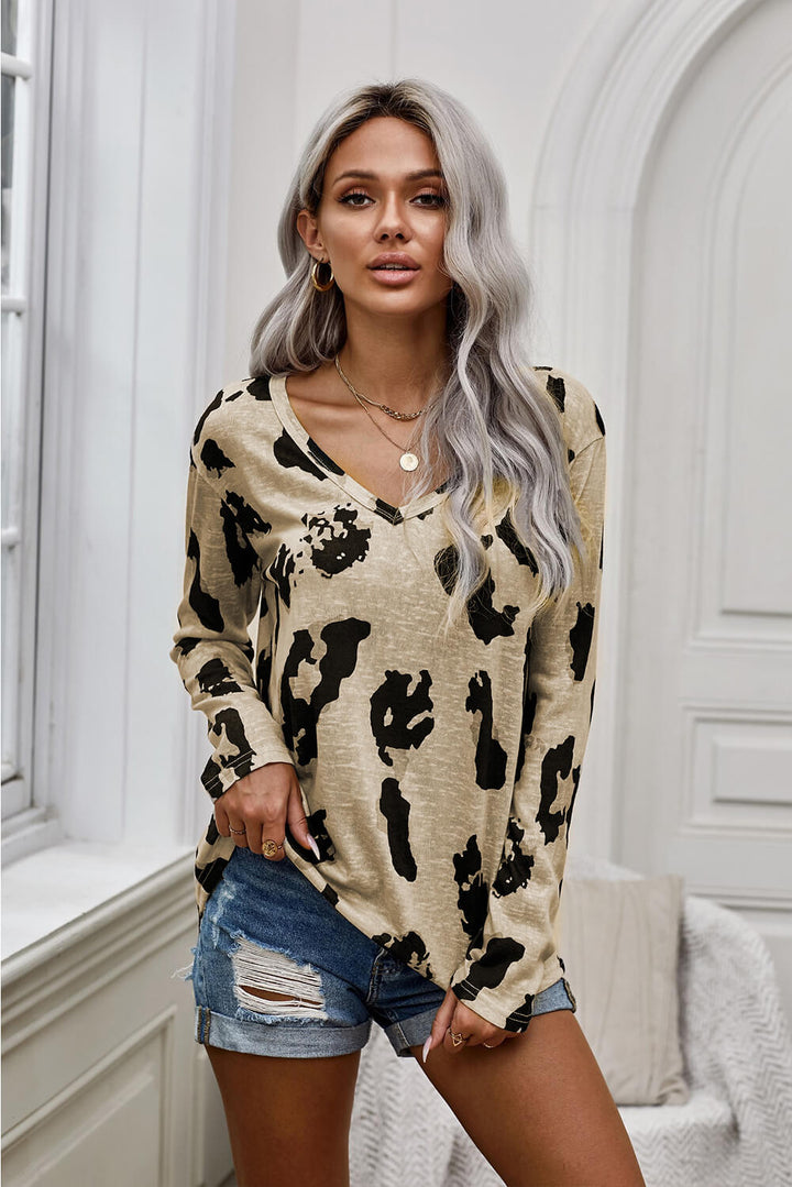 Women Khaki Leopard Print Long Sleeves Blouse