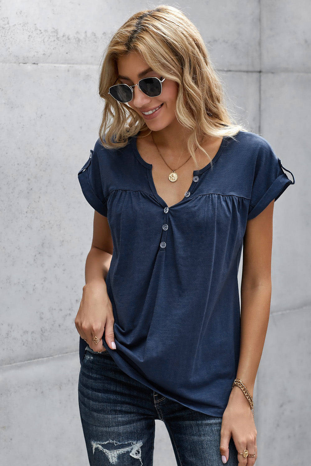 Women Old Fashioned Blue Buttoned Detail Cotton Blend Short Sleeve T-shirt