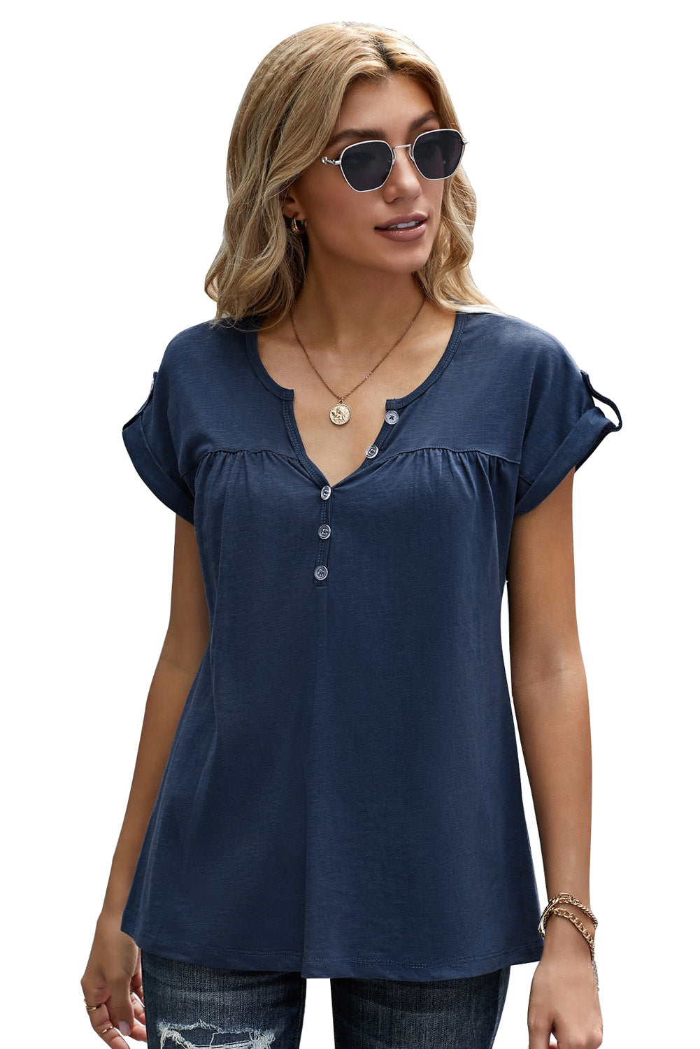 Women Old Fashioned Blue Buttoned Detail Cotton Blend Short Sleeve T-shirt