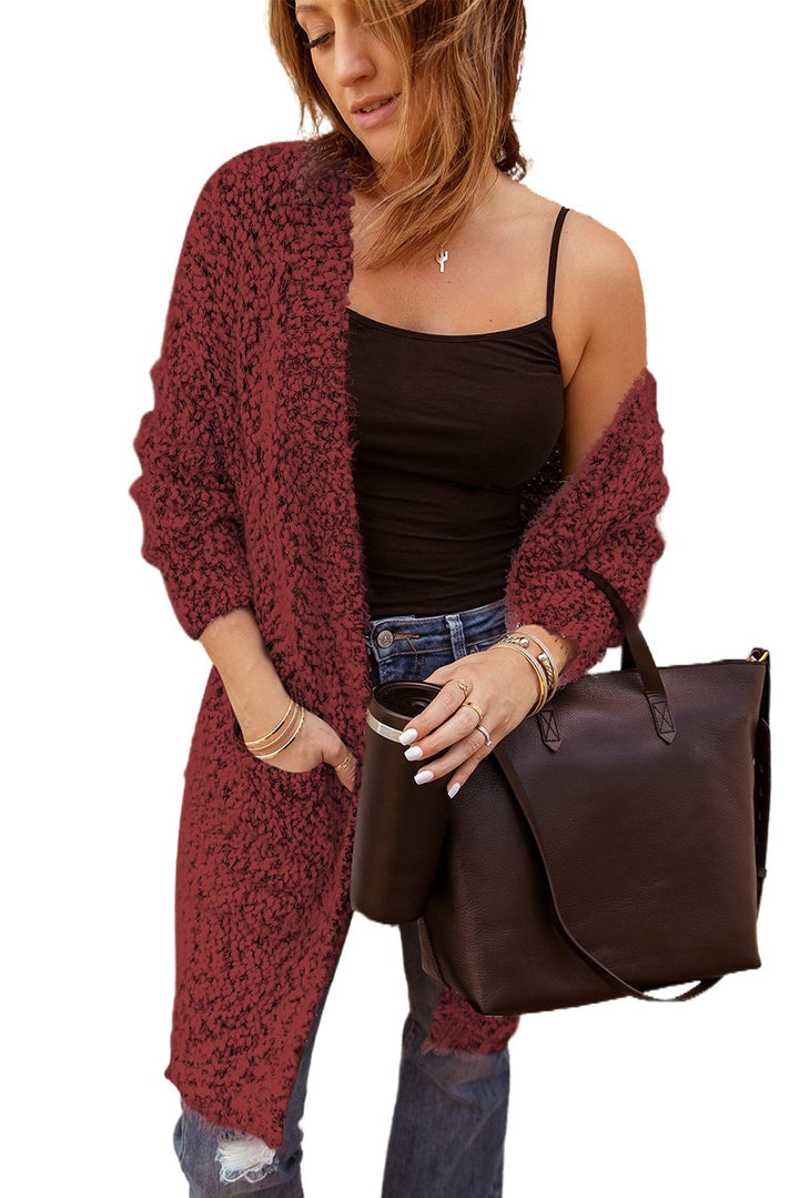 Women Red Fuzzy Knit Cardigan with Pockets
