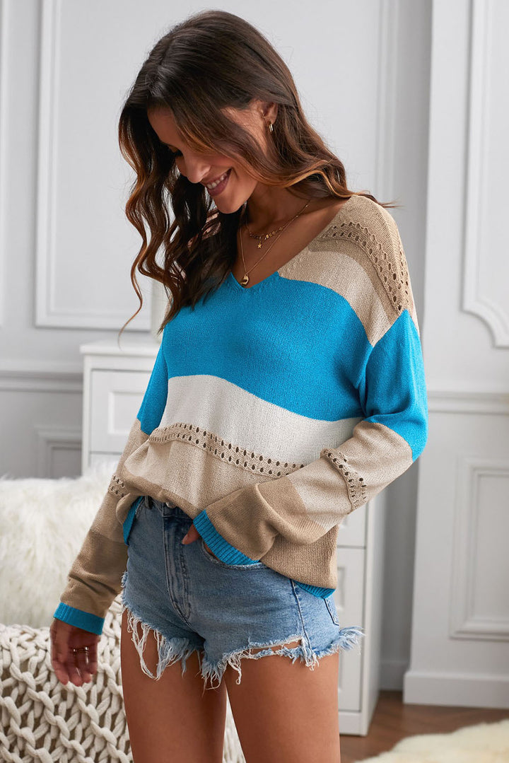 Women Sky Blue V Neck Colorblock Hollow-out Knitted Sweater