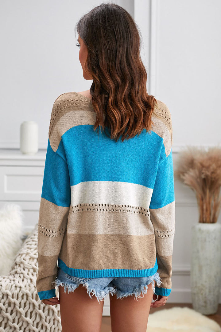 Women Sky Blue V Neck Colorblock Hollow-out Knitted Sweater