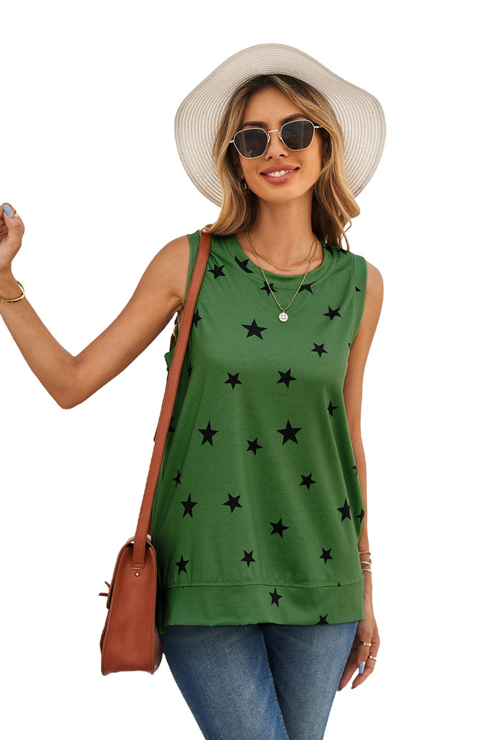 Women Summer Green Star Print Knit Tank with Slits